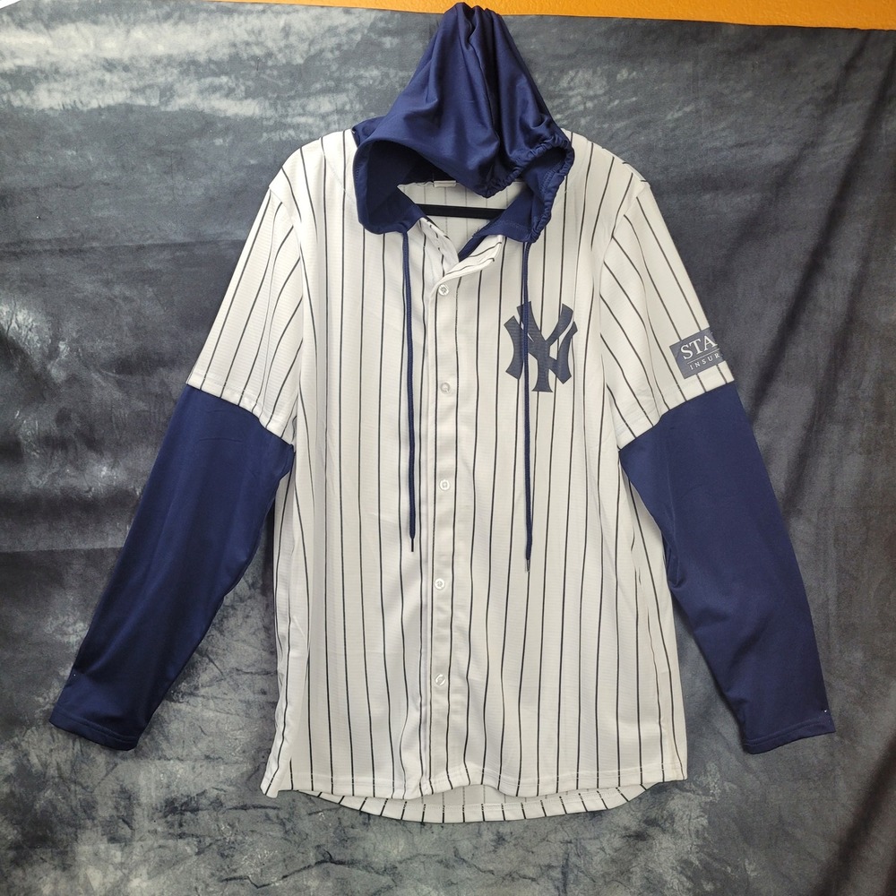 New York Yankees Hooded Baseball Jersey Mens XL White Navy Pinstripe Long Sleeve